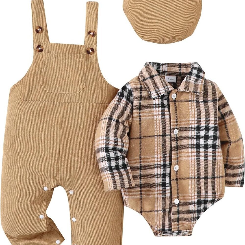 Complete Fall/Winter Baby Boys Outfit: Plaid Bodysuit, Overalls, Beret Hat